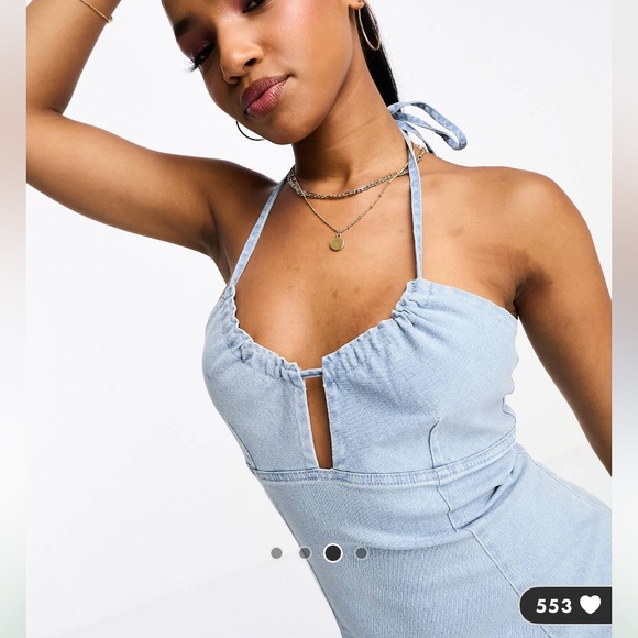 ASOS Pieces Denim Halter Mini Dress - Picture 3 of 4